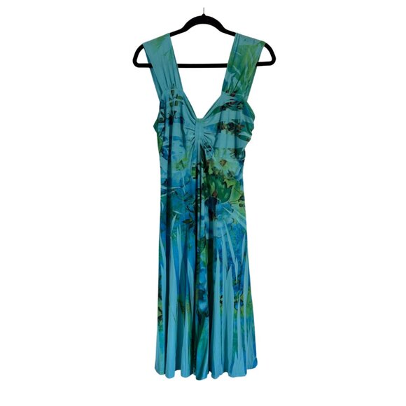 Blue Green Tropical Midi Dress 18/20 Empire Waist Slinky Stretch Sweetheart Neck - Picture 5 of 9
